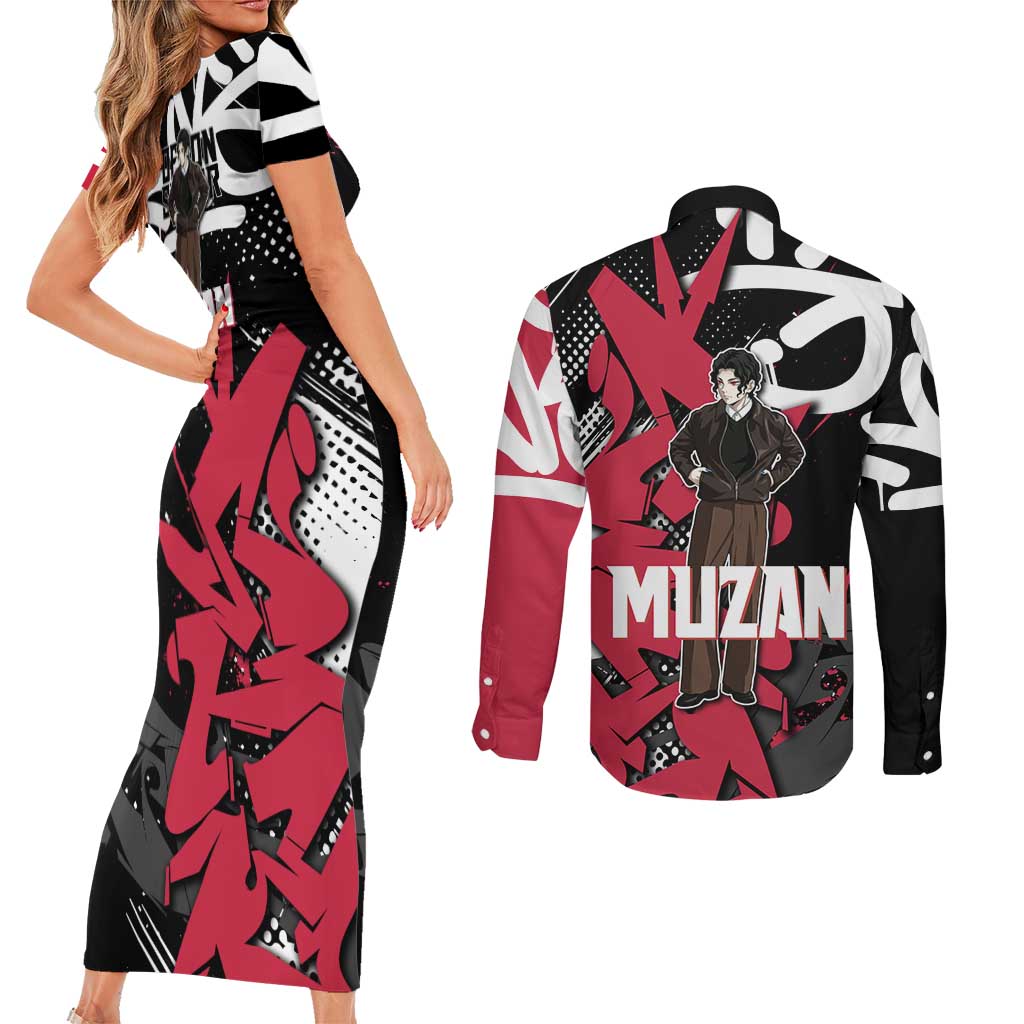 Muzan Demon Slayer Couples Matching Short Sleeve Bodycon Dress and Long Sleeve Button Shirt Red Graffiti Anime Aesthetic