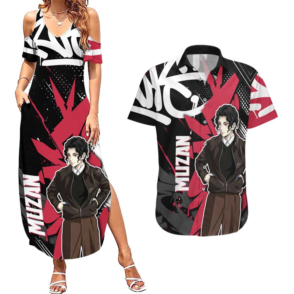 Muzan Demon Slayer Couples Matching Summer Maxi Dress and Hawaiian Shirt Red Graffiti Anime Aesthetic