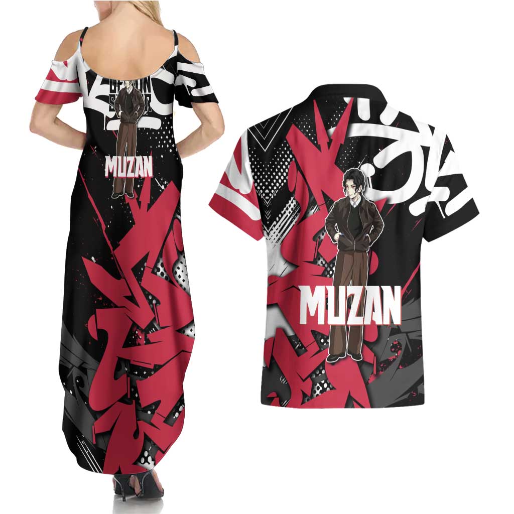 Muzan Demon Slayer Couples Matching Summer Maxi Dress and Hawaiian Shirt Red Graffiti Anime Aesthetic