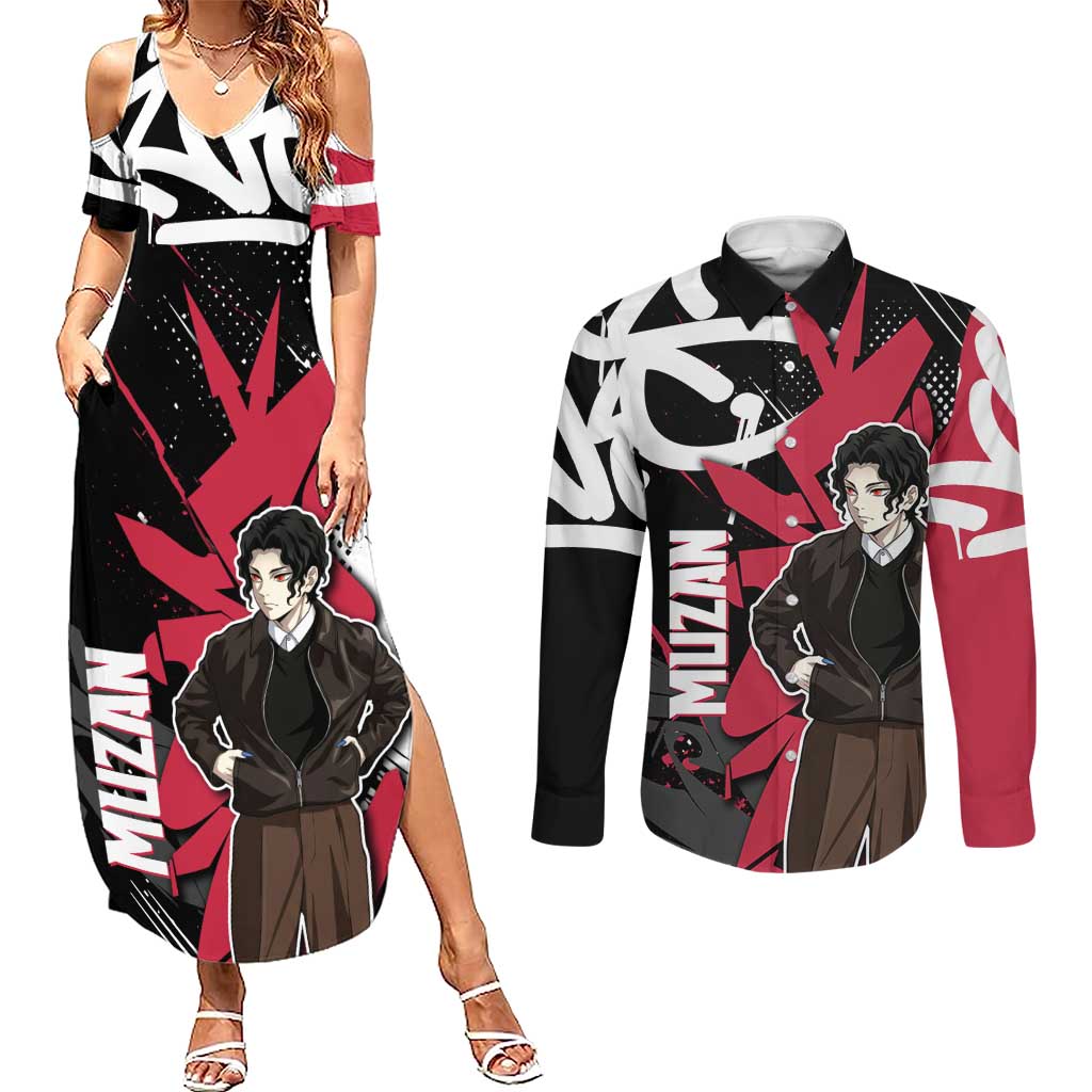 Muzan Demon Slayer Couples Matching Summer Maxi Dress and Long Sleeve Button Shirt Red Graffiti Anime Aesthetic