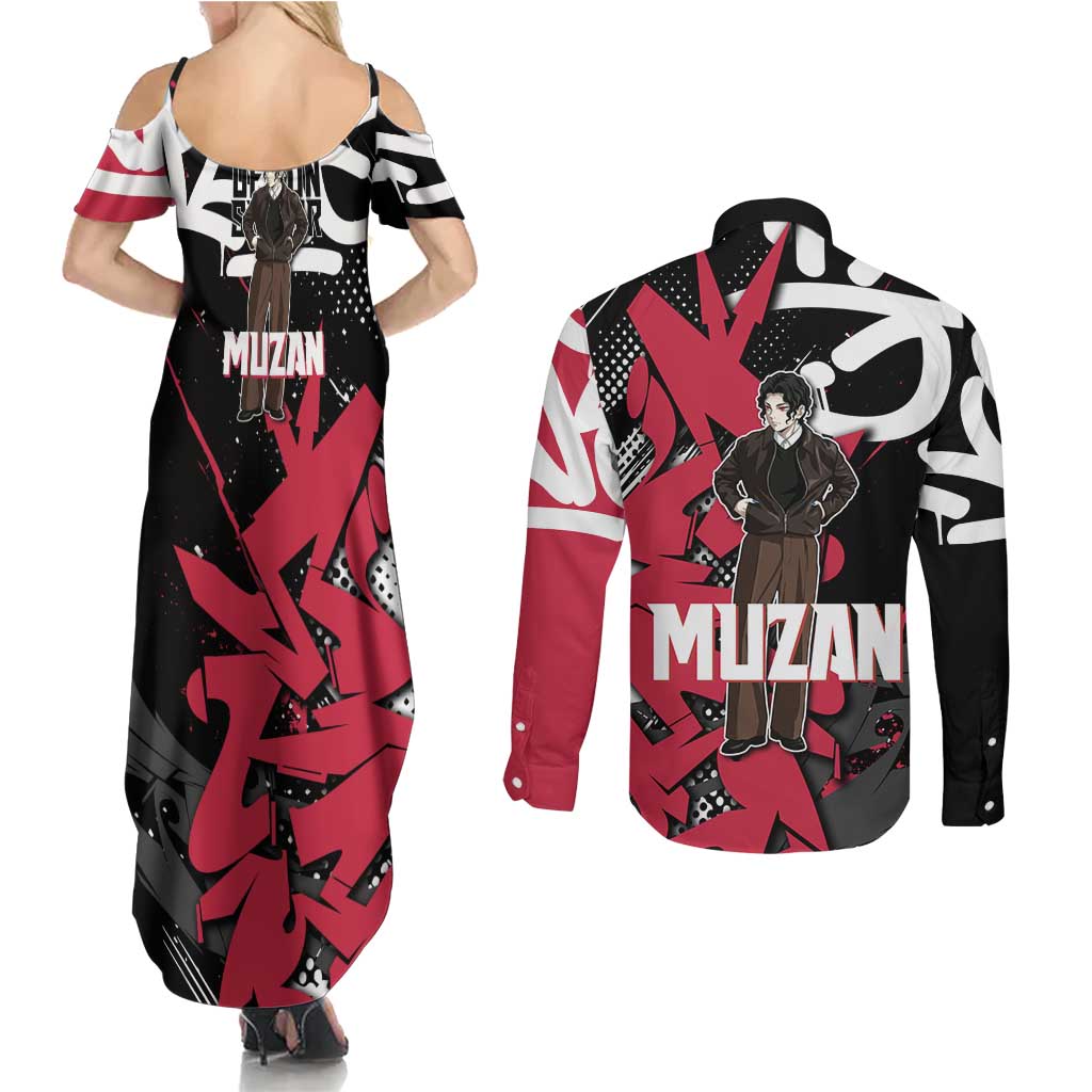 Muzan Demon Slayer Couples Matching Summer Maxi Dress and Long Sleeve Button Shirt Red Graffiti Anime Aesthetic