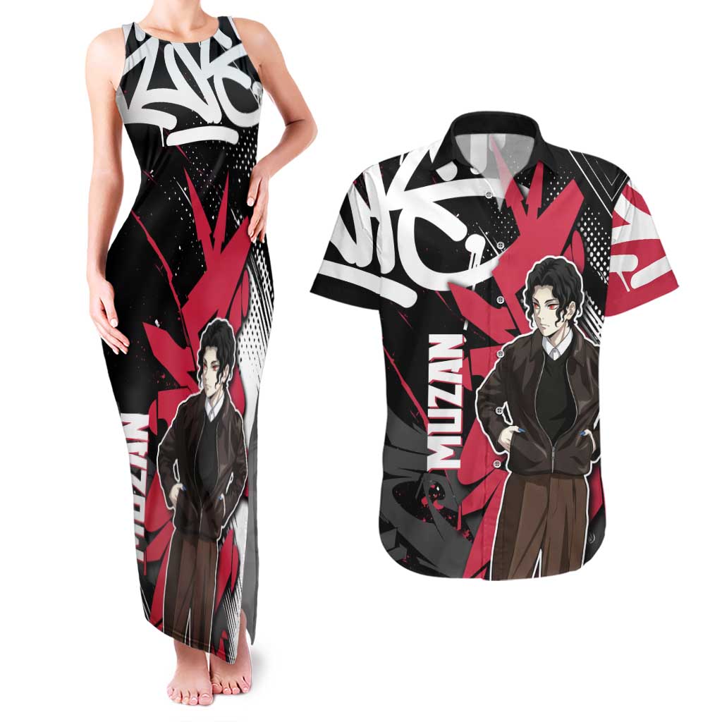 Muzan Demon Slayer Couples Matching Tank Maxi Dress and Hawaiian Shirt Red Graffiti Anime Aesthetic