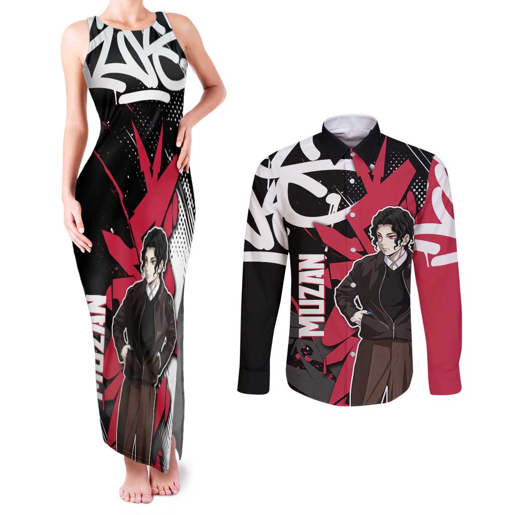 Muzan Demon Slayer Couples Matching Tank Maxi Dress and Long Sleeve Button Shirt Red Graffiti Anime Aesthetic
