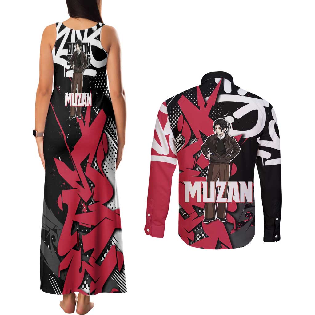 Muzan Demon Slayer Couples Matching Tank Maxi Dress and Long Sleeve Button Shirt Red Graffiti Anime Aesthetic