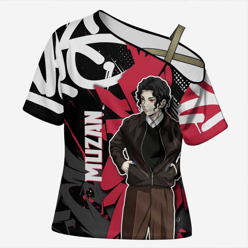 Muzan Demon Slayer Cross Shoulder Shirt Red Graffiti Anime Aesthetic