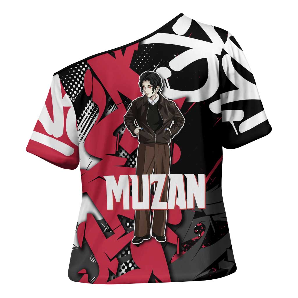 Muzan Demon Slayer Cross Shoulder Shirt Red Graffiti Anime Aesthetic