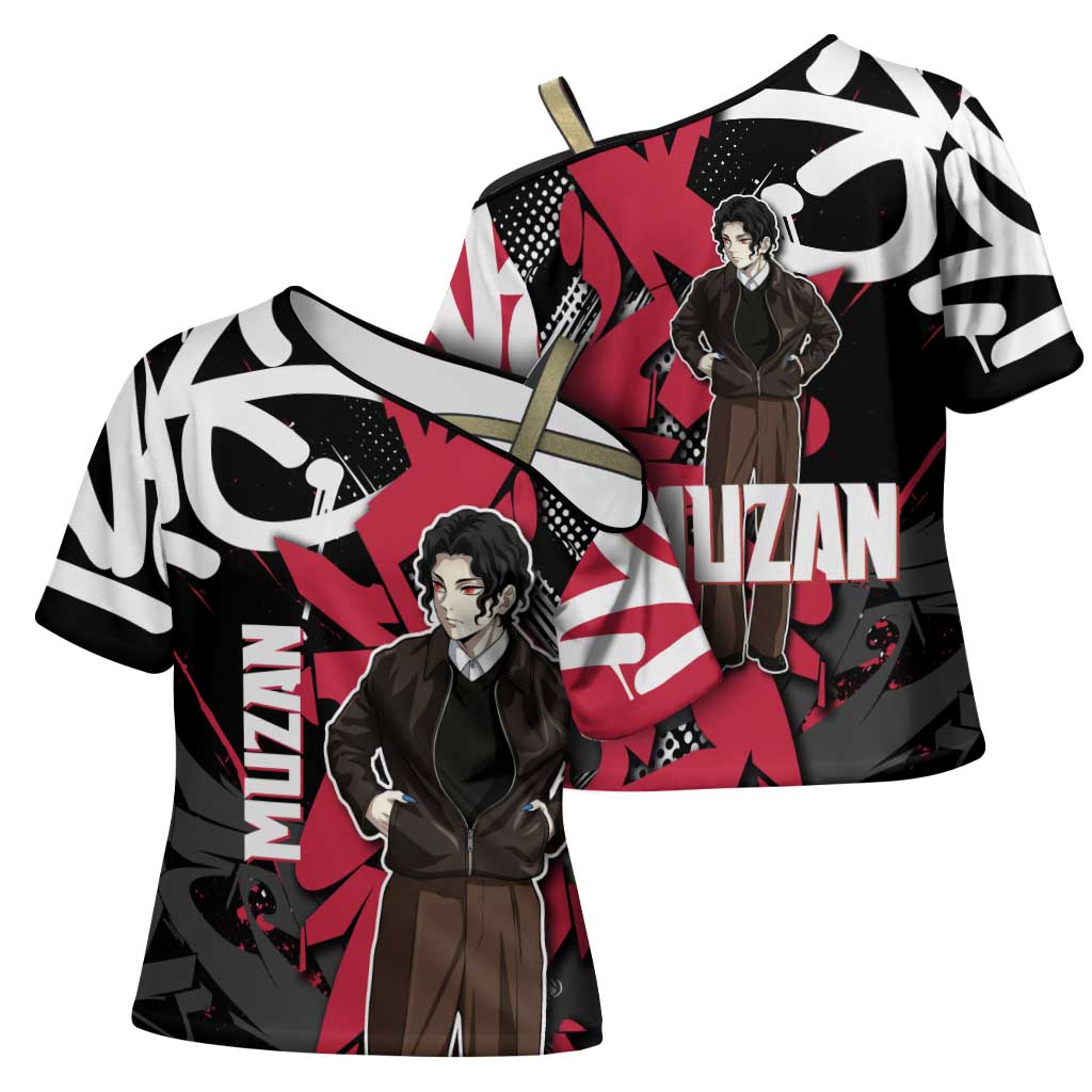 Muzan Demon Slayer Cross Shoulder Shirt Red Graffiti Anime Aesthetic