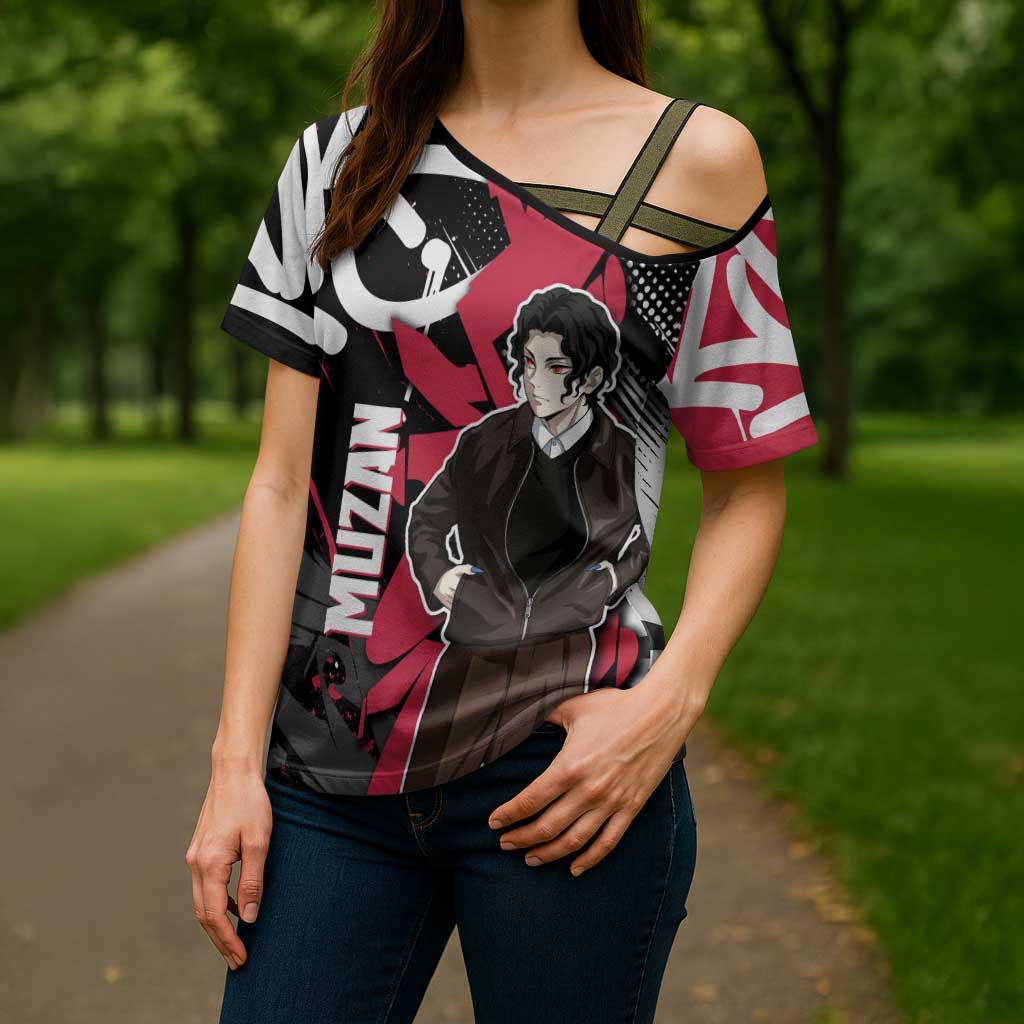 Muzan Demon Slayer Cross Shoulder Shirt Red Graffiti Anime Aesthetic