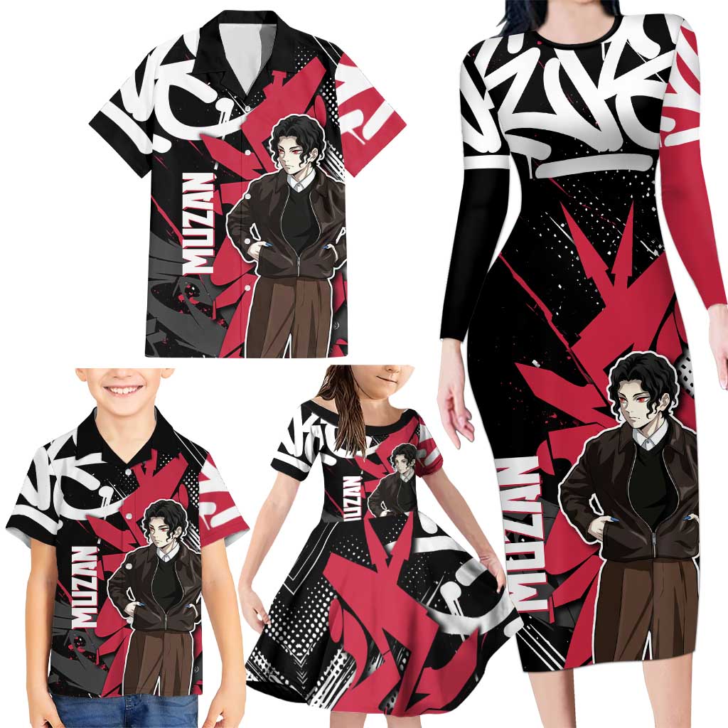 Muzan Demon Slayer Family Matching Long Sleeve Bodycon Dress and Hawaiian Shirt Red Graffiti Anime Aesthetic