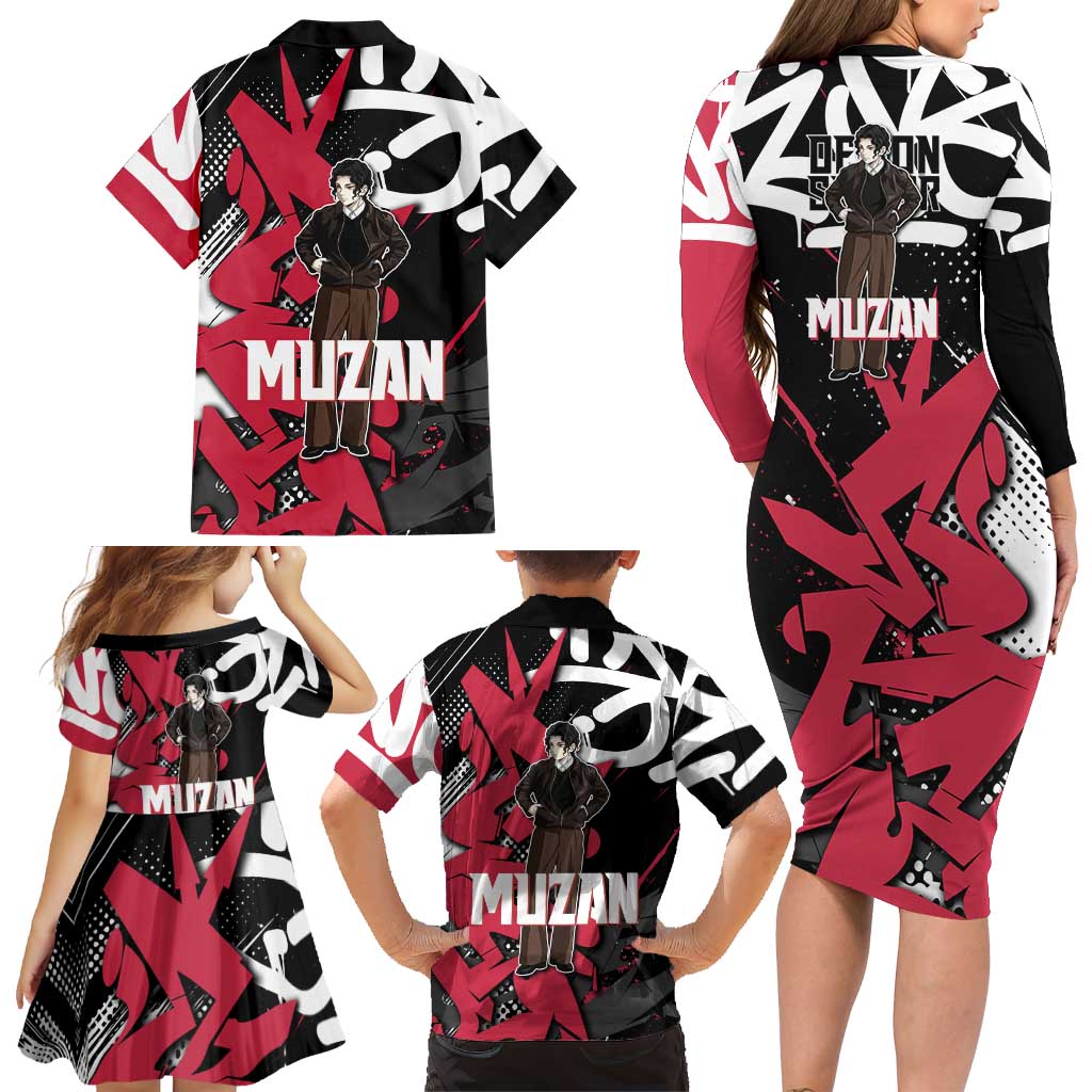 Muzan Demon Slayer Family Matching Long Sleeve Bodycon Dress and Hawaiian Shirt Red Graffiti Anime Aesthetic
