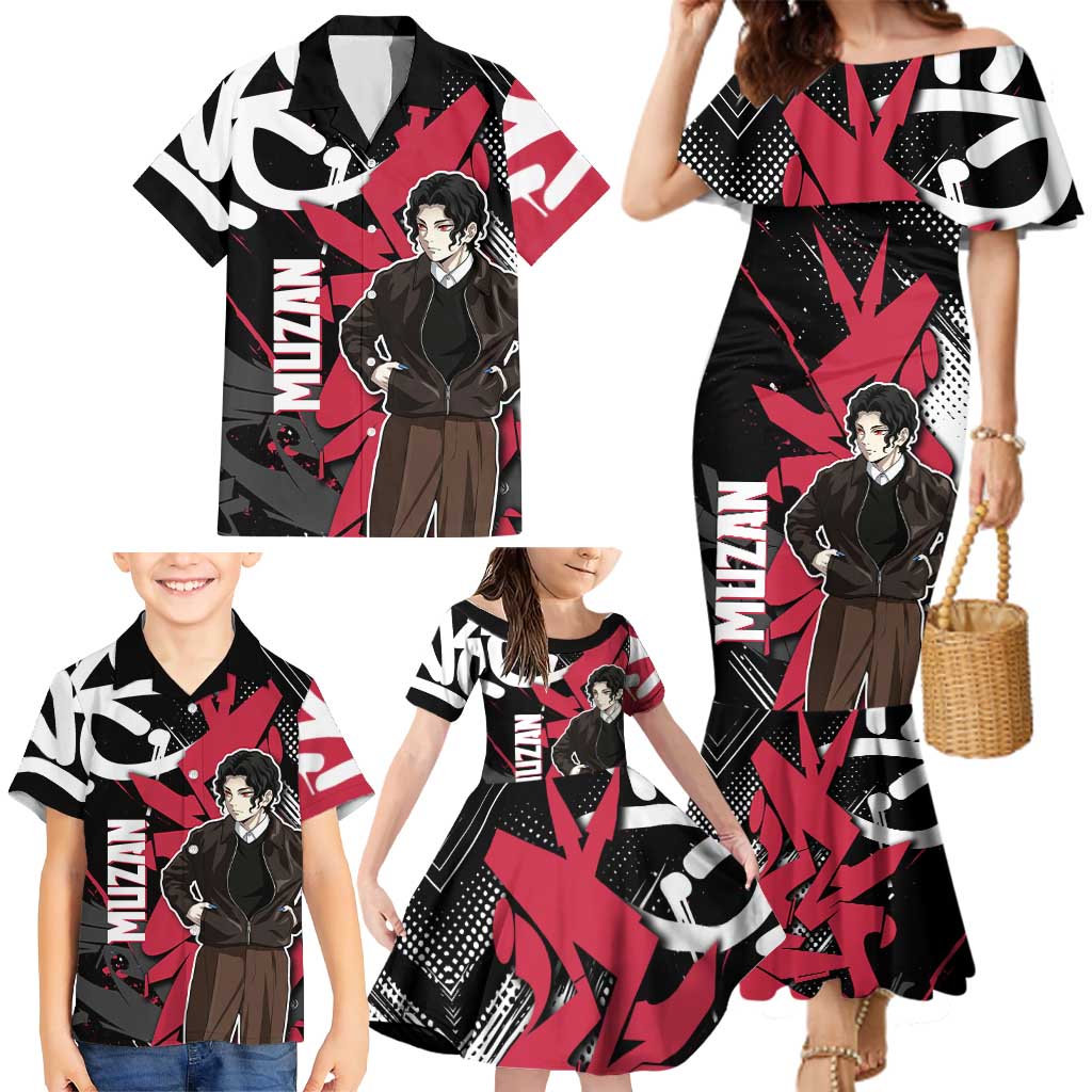 Muzan Demon Slayer Family Matching Mermaid Dress and Hawaiian Shirt Red Graffiti Anime Aesthetic