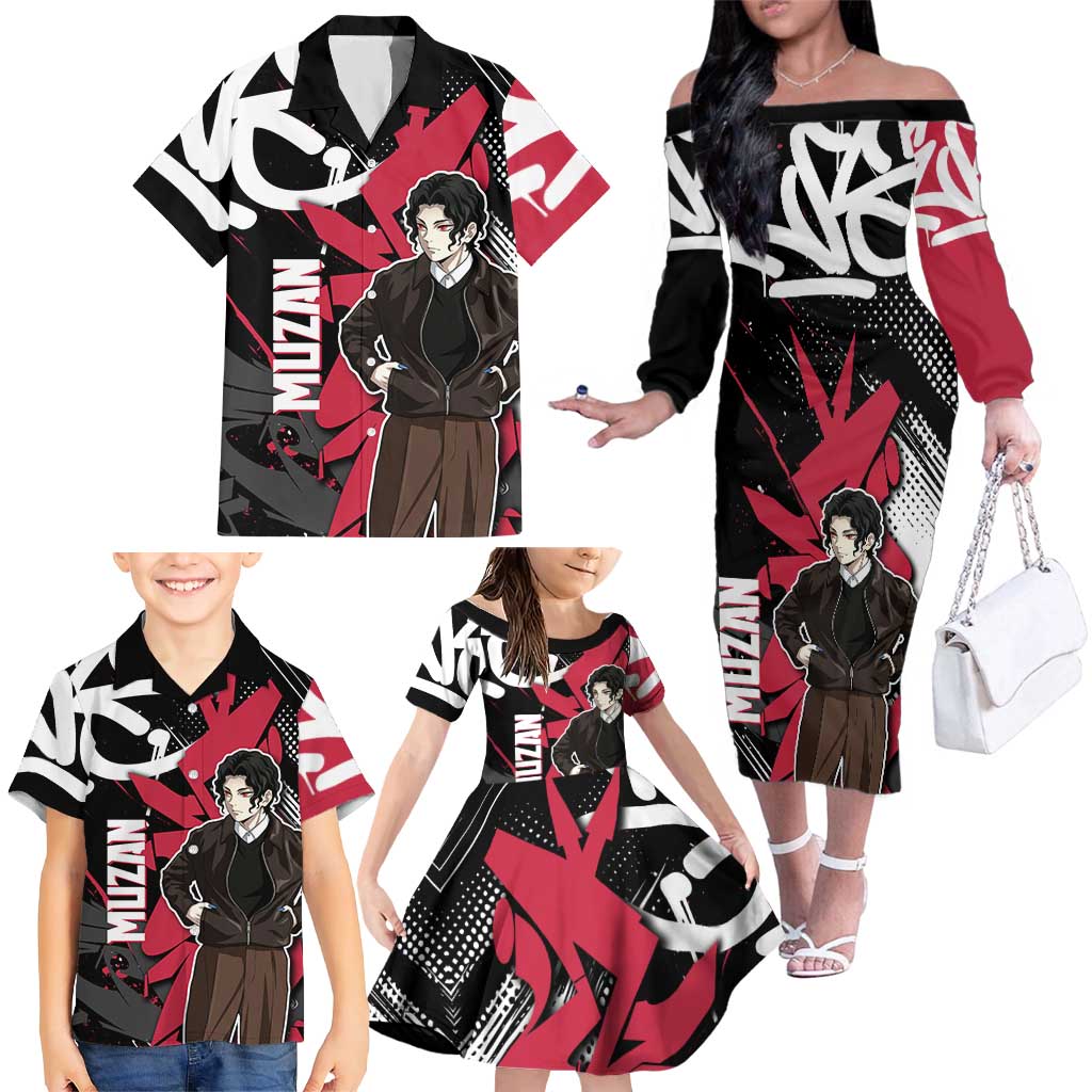 Muzan Demon Slayer Family Matching Off The Shoulder Long Sleeve Dress and Hawaiian Shirt Red Graffiti Anime Aesthetic