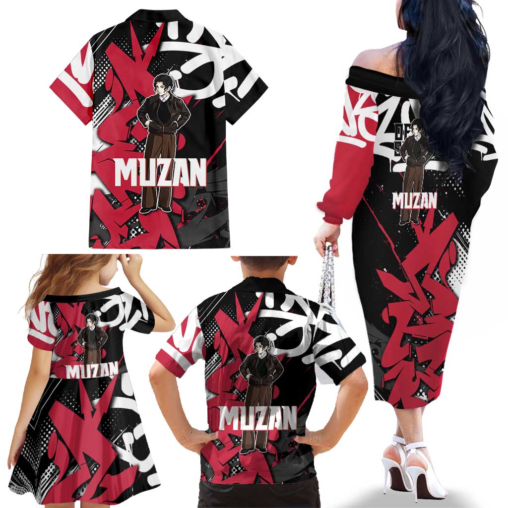 Muzan Demon Slayer Family Matching Off The Shoulder Long Sleeve Dress and Hawaiian Shirt Red Graffiti Anime Aesthetic