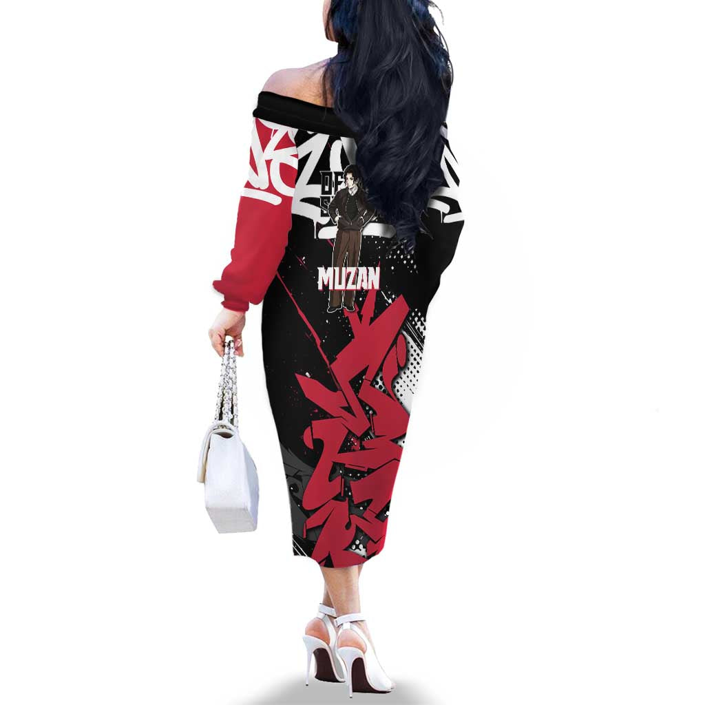 Muzan Demon Slayer Family Matching Off The Shoulder Long Sleeve Dress and Hawaiian Shirt Red Graffiti Anime Aesthetic