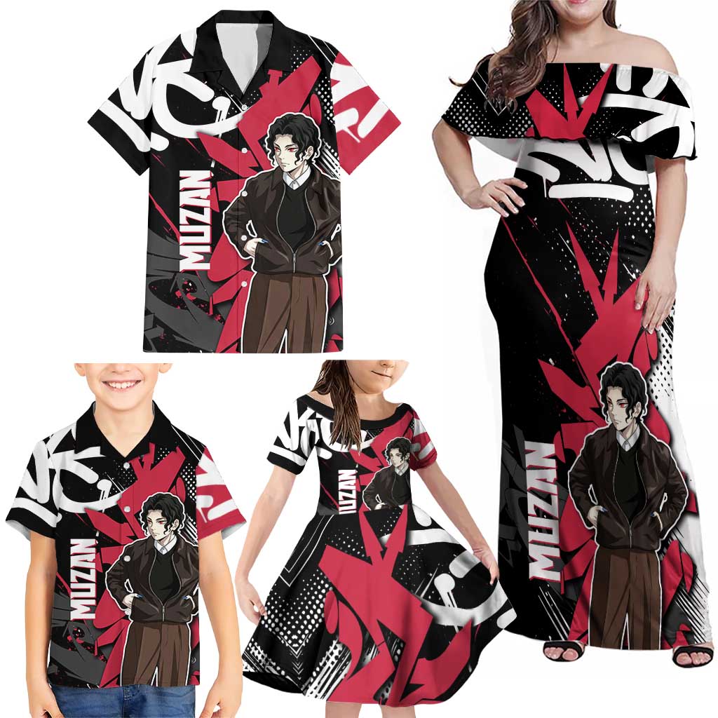 Muzan Demon Slayer Family Matching Off Shoulder Maxi Dress and Hawaiian Shirt Red Graffiti Anime Aesthetic