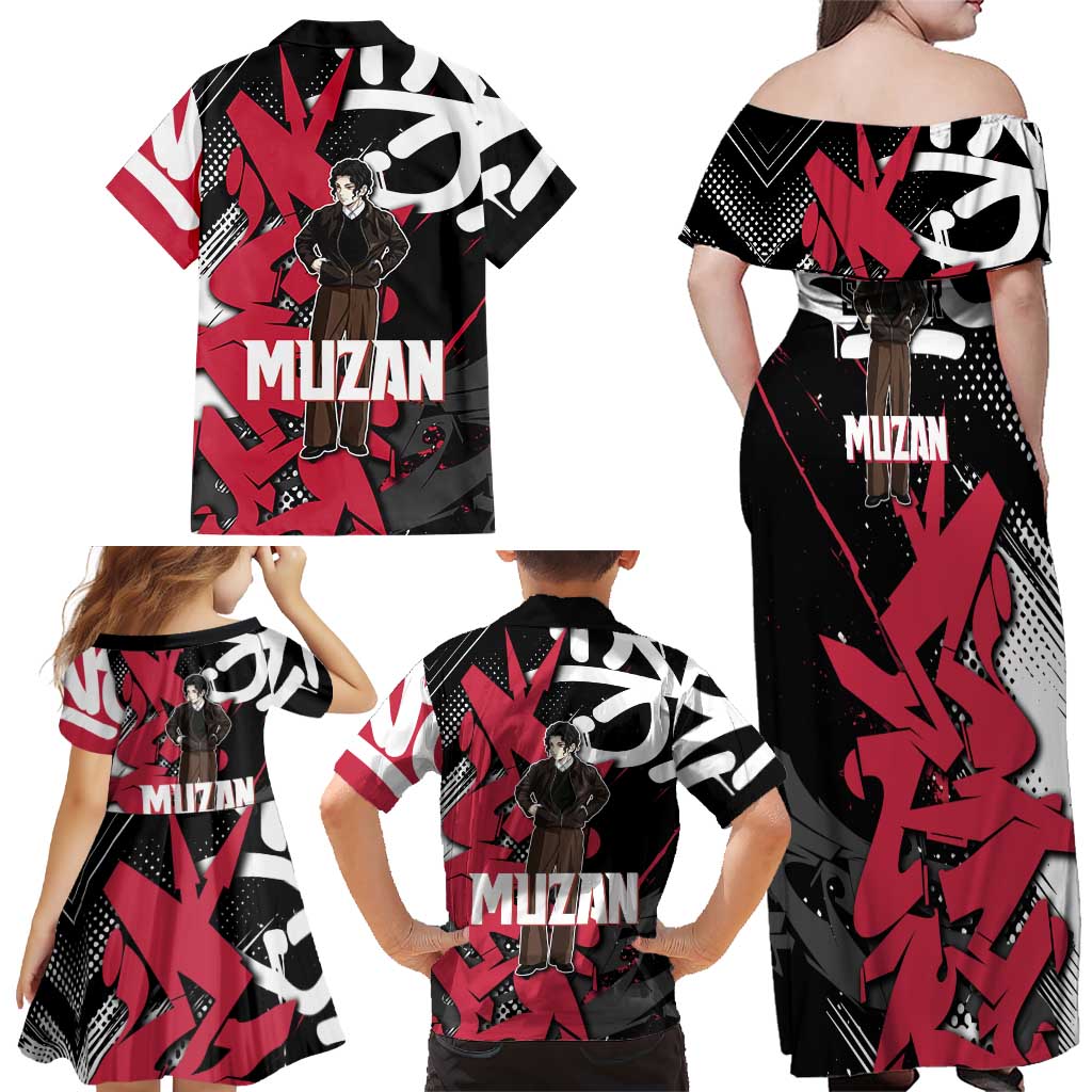Muzan Demon Slayer Family Matching Off Shoulder Maxi Dress and Hawaiian Shirt Red Graffiti Anime Aesthetic