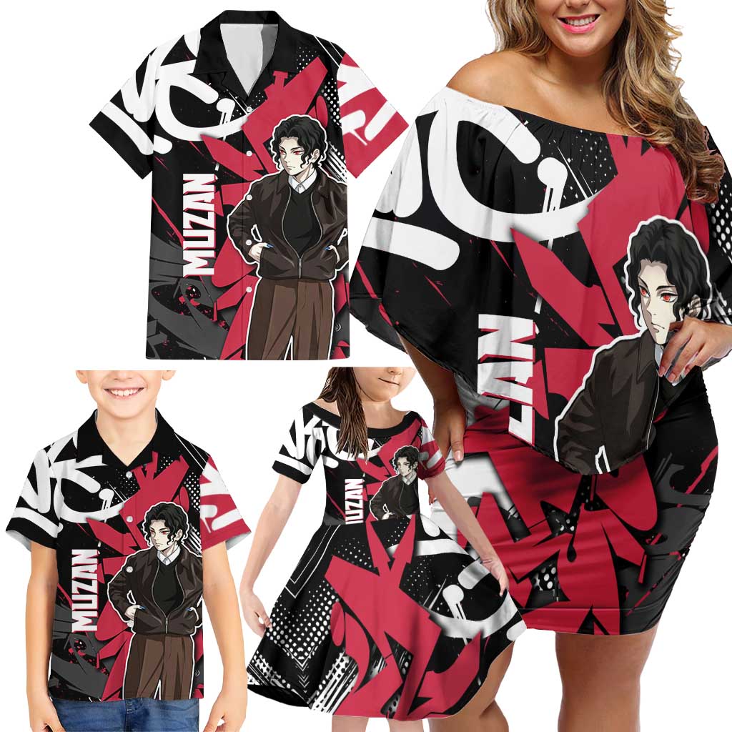 Muzan Demon Slayer Family Matching Off Shoulder Short Dress and Hawaiian Shirt Red Graffiti Anime Aesthetic