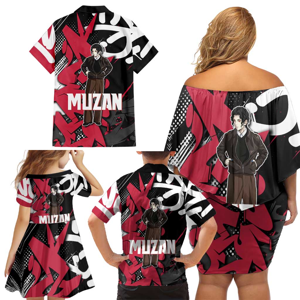 Muzan Demon Slayer Family Matching Off Shoulder Short Dress and Hawaiian Shirt Red Graffiti Anime Aesthetic