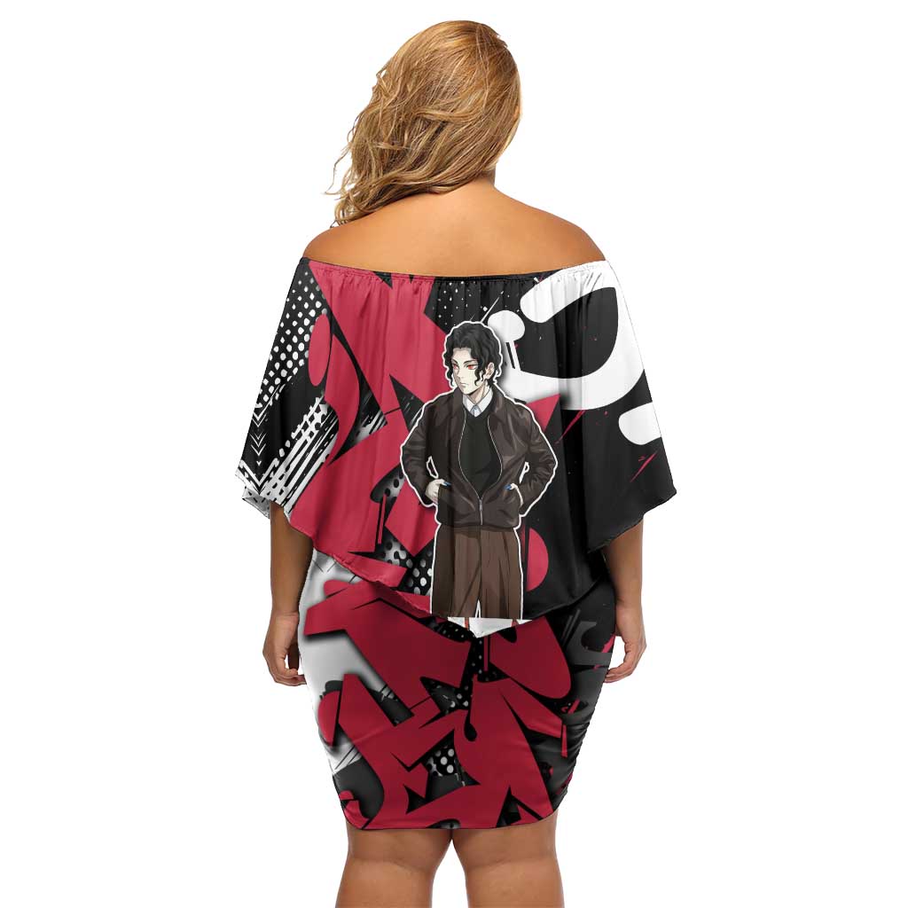 Muzan Demon Slayer Family Matching Off Shoulder Short Dress and Hawaiian Shirt Red Graffiti Anime Aesthetic