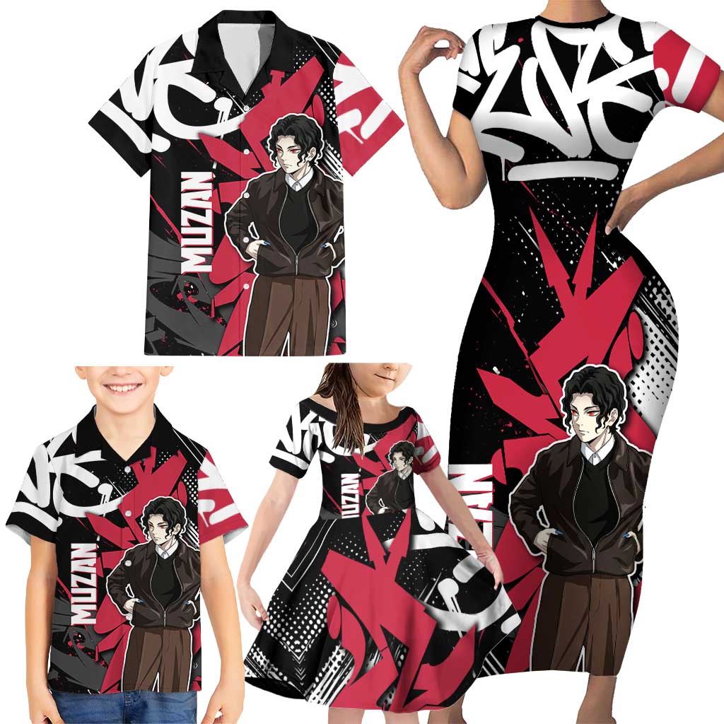 Muzan Demon Slayer Family Matching Short Sleeve Bodycon Dress and Hawaiian Shirt Red Graffiti Anime Aesthetic