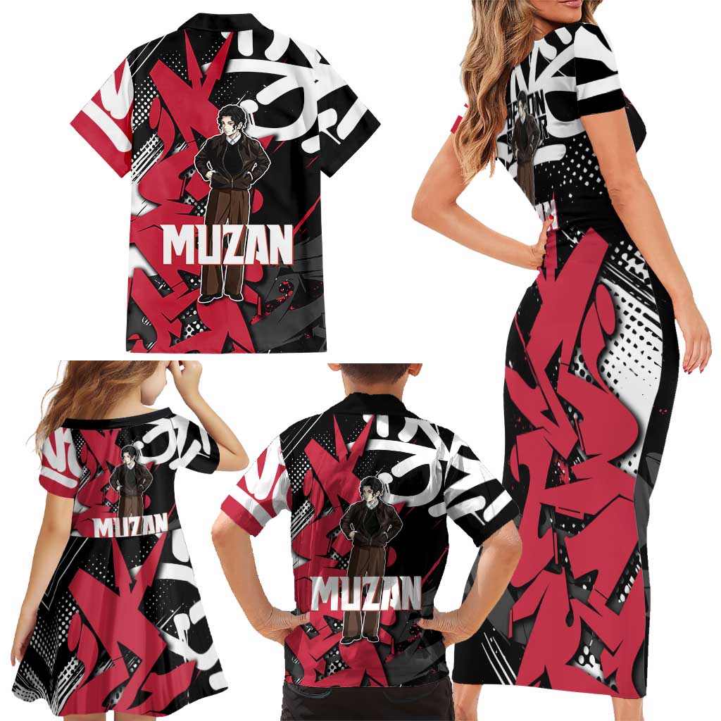 Muzan Demon Slayer Family Matching Short Sleeve Bodycon Dress and Hawaiian Shirt Red Graffiti Anime Aesthetic