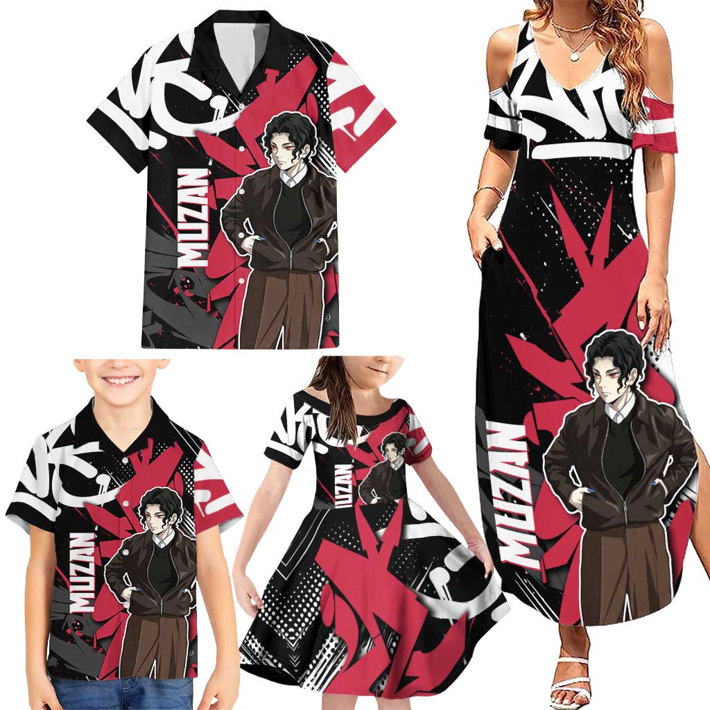 Muzan Demon Slayer Family Matching Summer Maxi Dress and Hawaiian Shirt Red Graffiti Anime Aesthetic