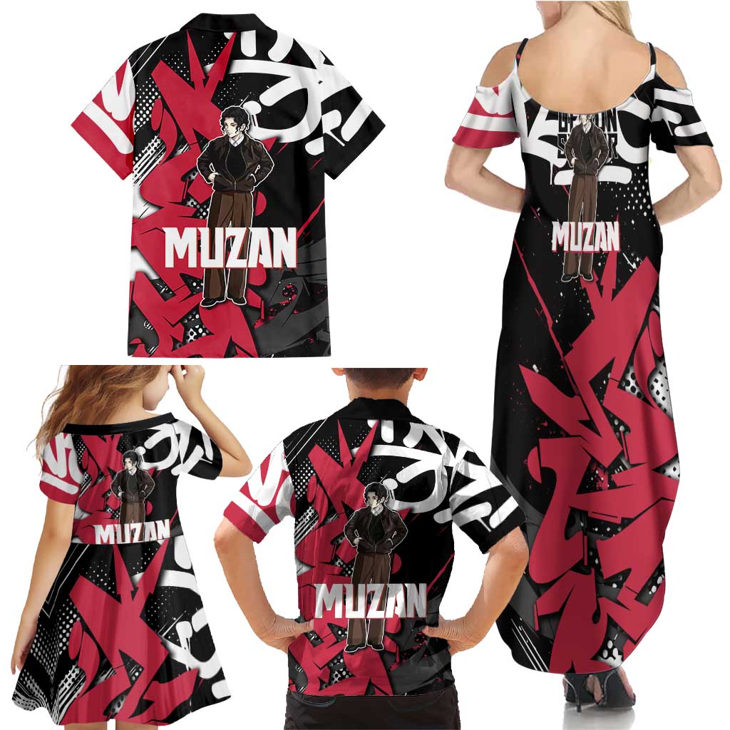 Muzan Demon Slayer Family Matching Summer Maxi Dress and Hawaiian Shirt Red Graffiti Anime Aesthetic