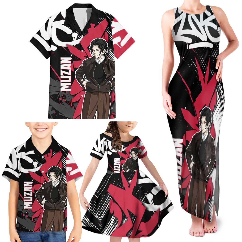 Muzan Demon Slayer Family Matching Tank Maxi Dress and Hawaiian Shirt Red Graffiti Anime Aesthetic