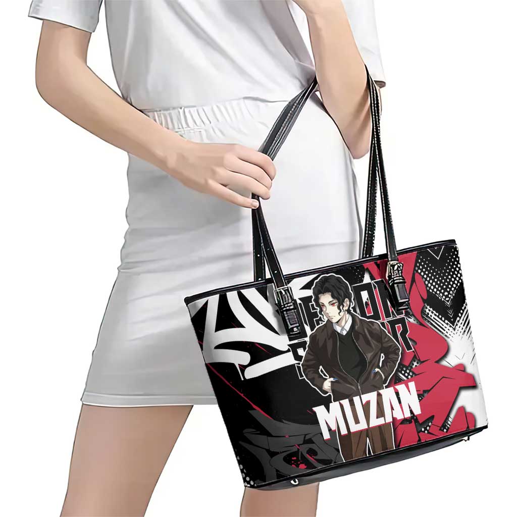 Muzan Demon Slayer Leather Tote Bag Red Graffiti Anime Aesthetic
