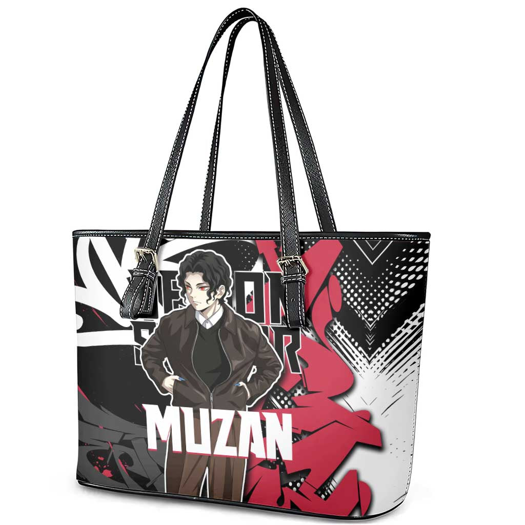 Muzan Demon Slayer Leather Tote Bag Red Graffiti Anime Aesthetic