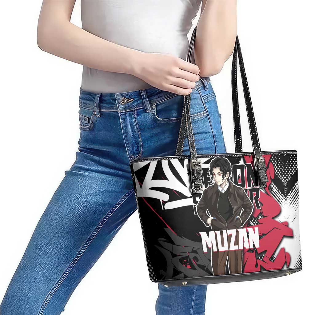 Muzan Demon Slayer Leather Tote Bag Red Graffiti Anime Aesthetic