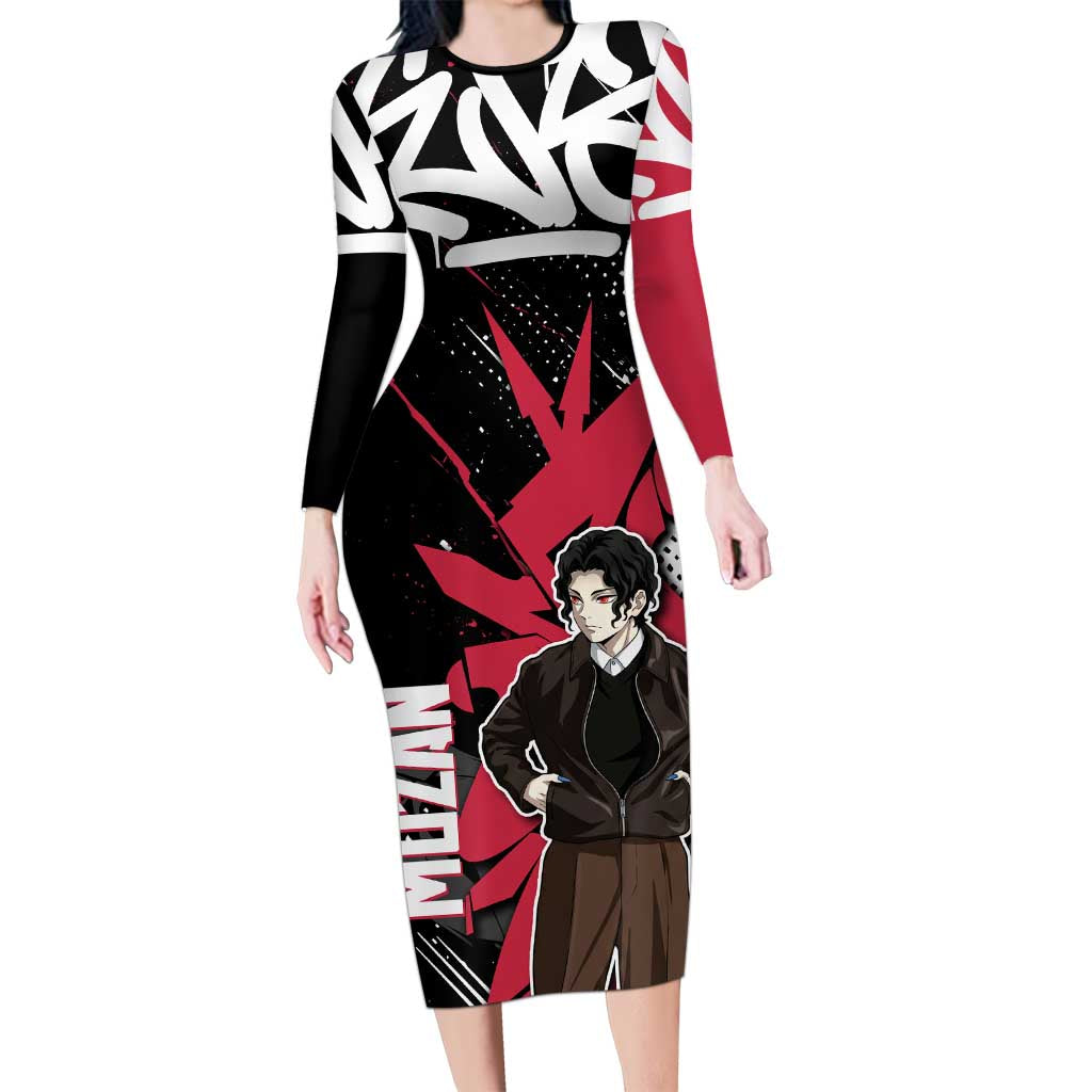 Muzan Demon Slayer Long Sleeve Bodycon Dress Red Graffiti Anime Aesthetic