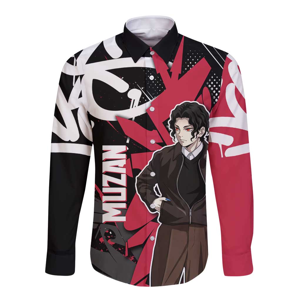 Muzan Demon Slayer Long Sleeve Button Shirt Red Graffiti Anime Aesthetic