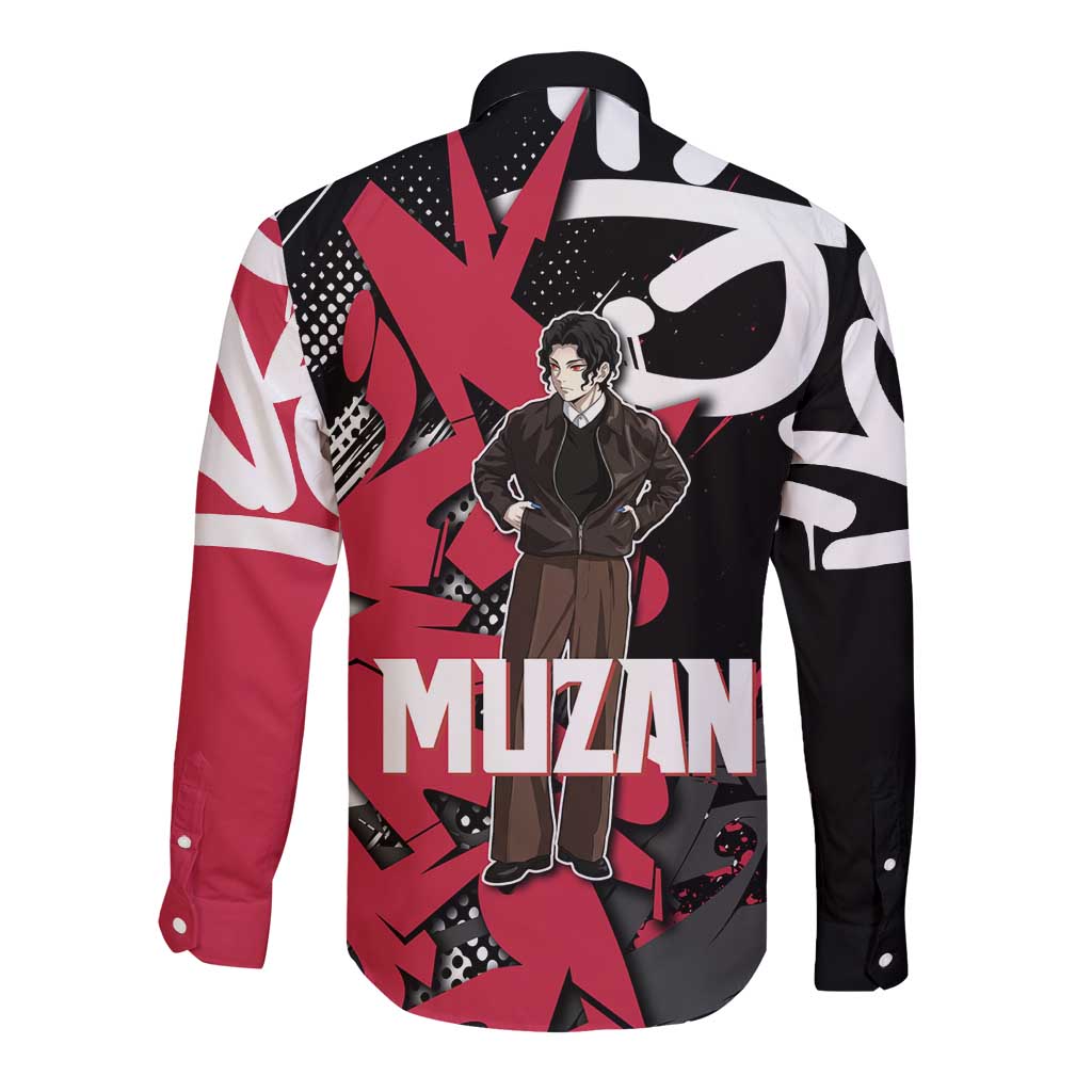 Muzan Demon Slayer Long Sleeve Button Shirt Red Graffiti Anime Aesthetic