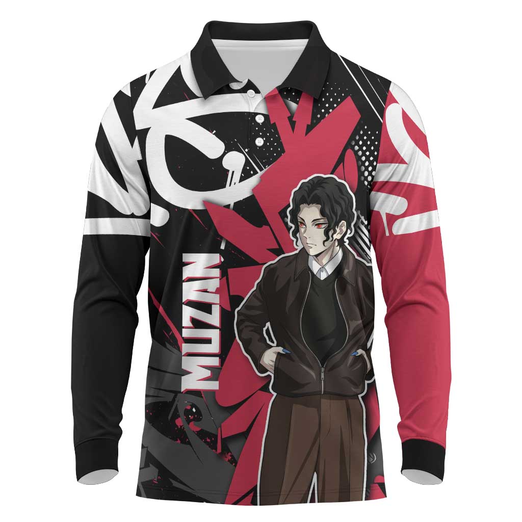 Muzan Demon Slayer Long Sleeve Polo Shirt Red Graffiti Anime Aesthetic