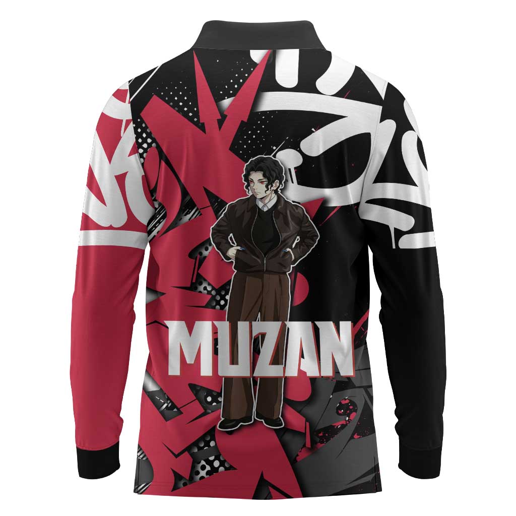 Muzan Demon Slayer Long Sleeve Polo Shirt Red Graffiti Anime Aesthetic
