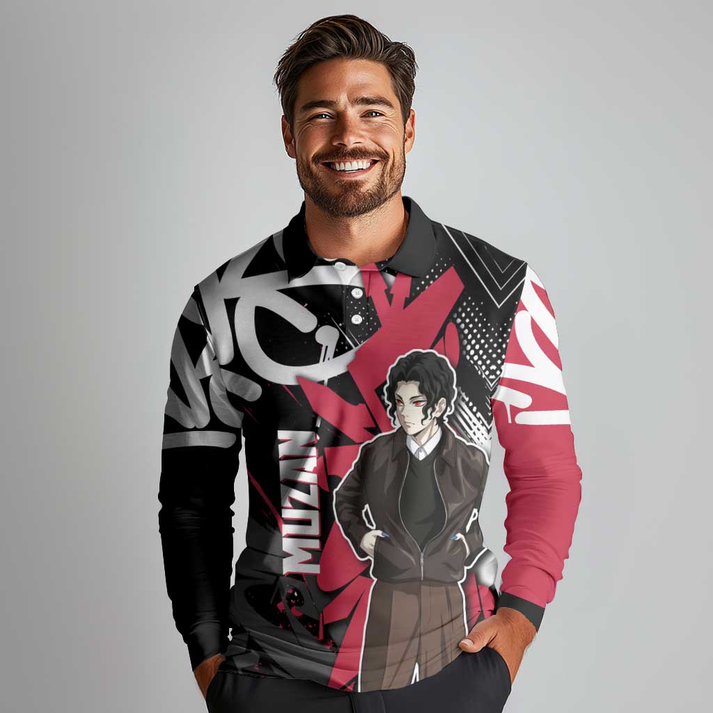 Muzan Demon Slayer Long Sleeve Polo Shirt Red Graffiti Anime Aesthetic