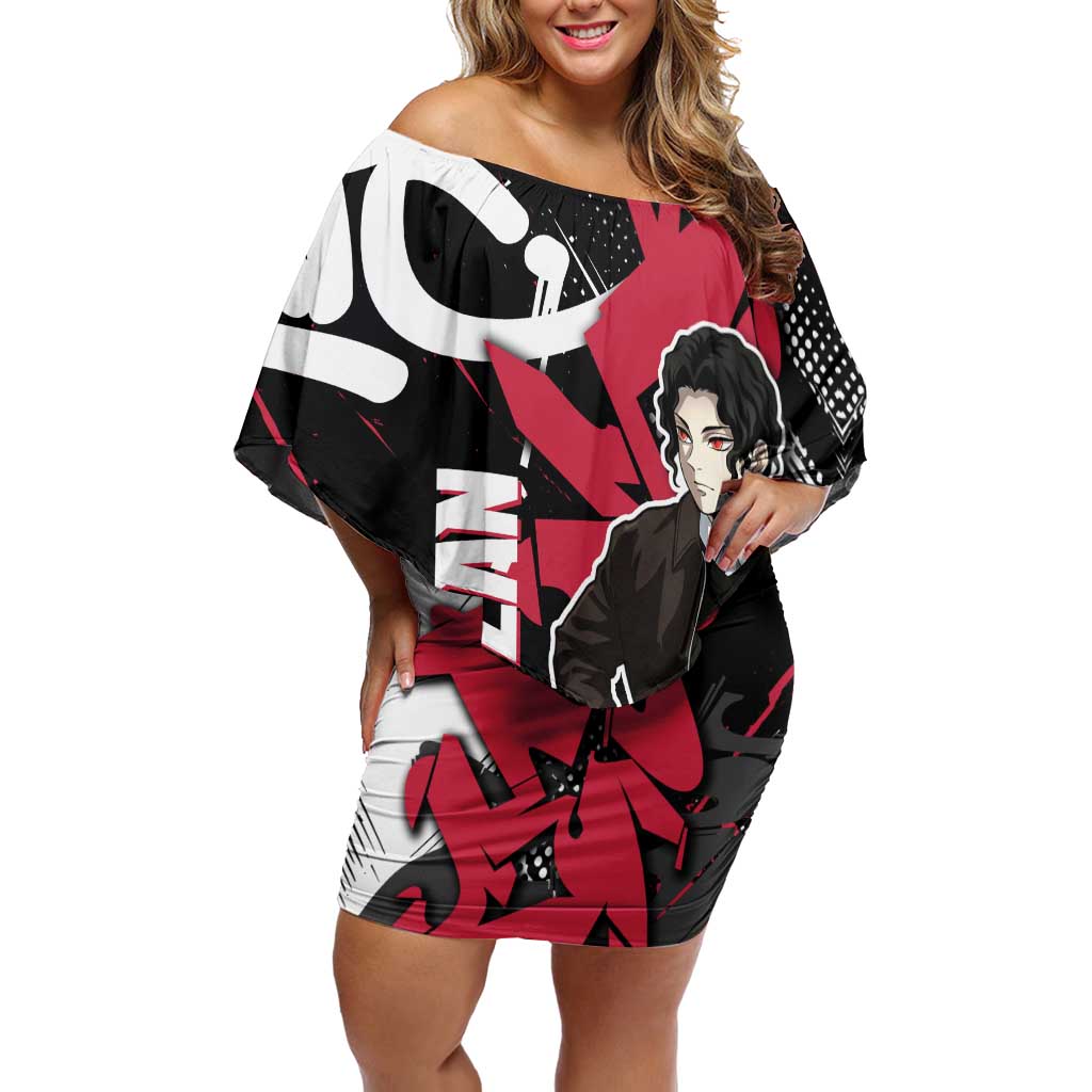 Muzan Demon Slayer Off Shoulder Short Dress Red Graffiti Anime Aesthetic