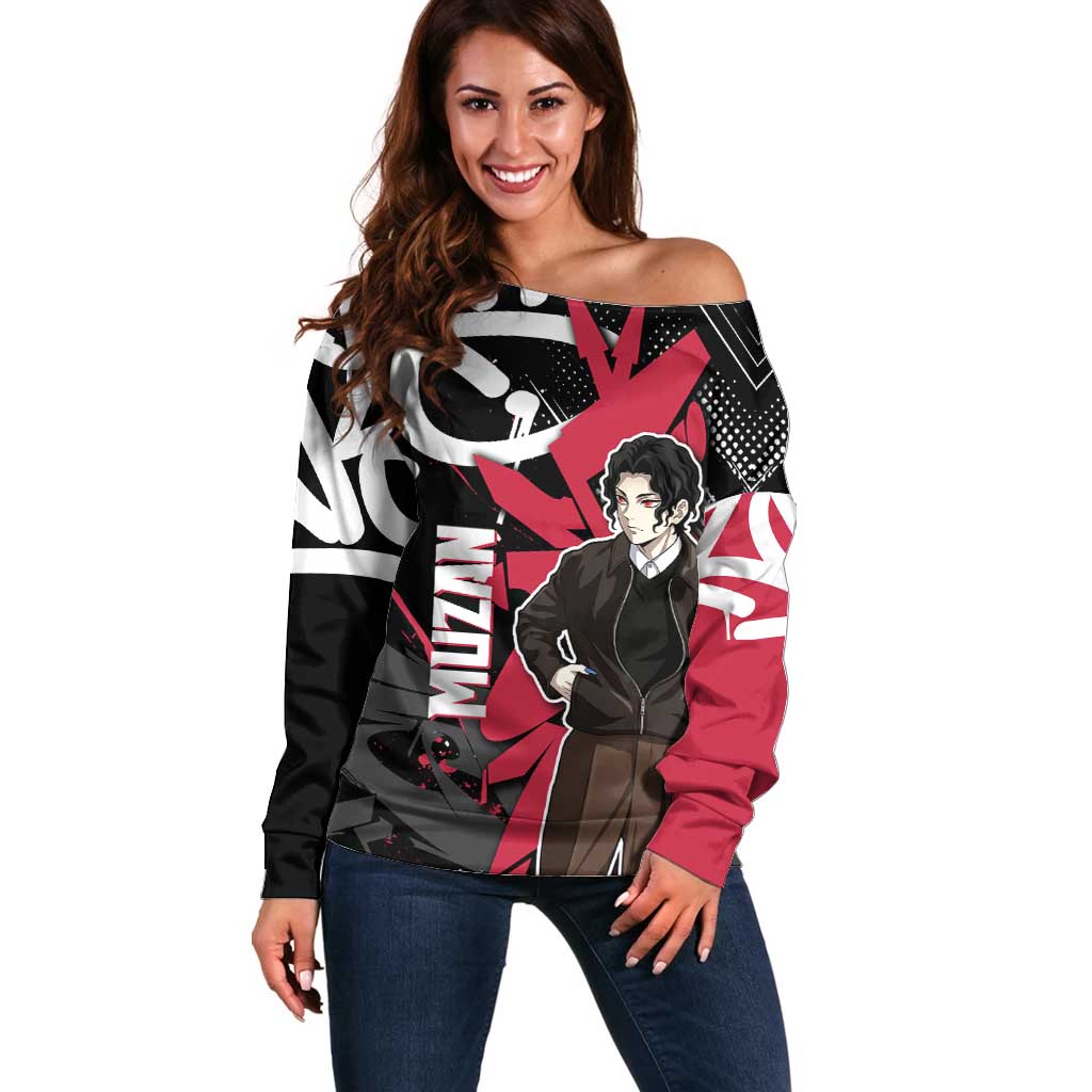 Muzan Demon Slayer Off Shoulder Sweater Red Graffiti Anime Aesthetic