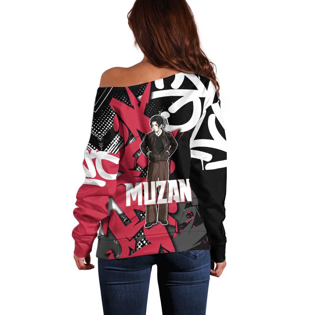 Muzan Demon Slayer Off Shoulder Sweater Red Graffiti Anime Aesthetic