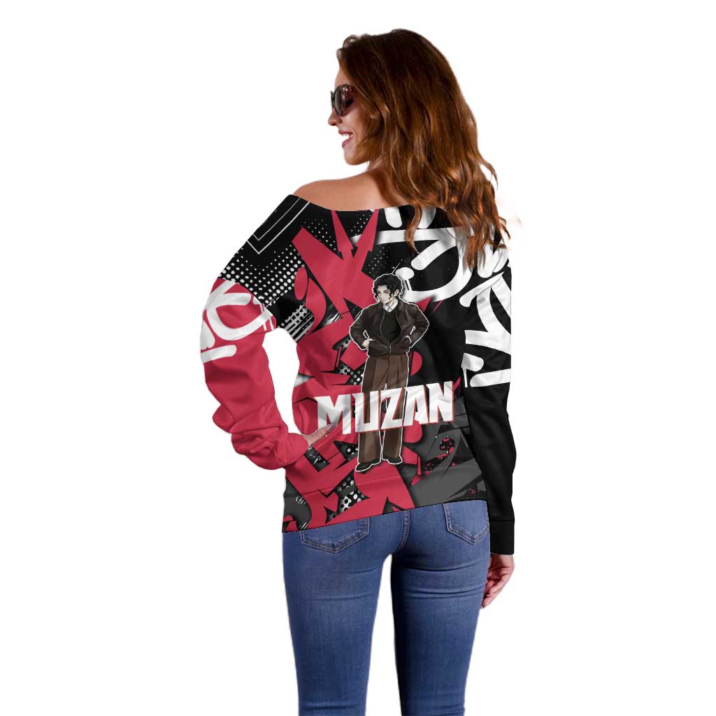Muzan Demon Slayer Off Shoulder Sweater Red Graffiti Anime Aesthetic
