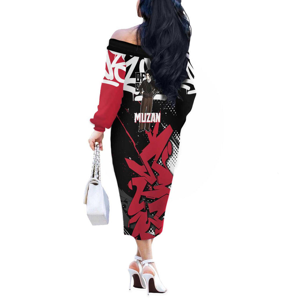 Muzan Demon Slayer Off The Shoulder Long Sleeve Dress Red Graffiti Anime Aesthetic