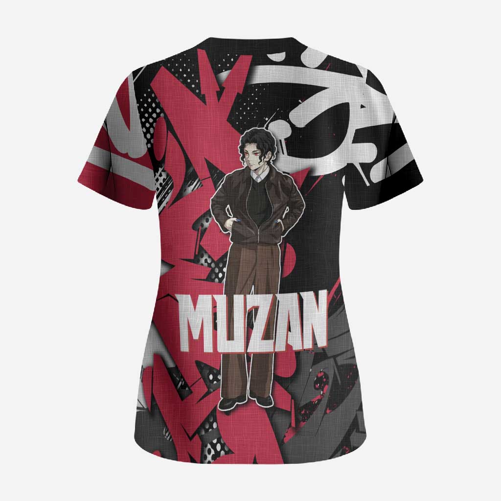 Muzan Demon Slayer Scrub Top Red Graffiti Anime Aesthetic