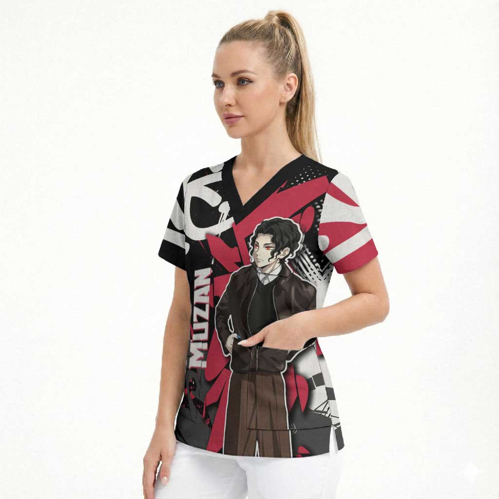 Muzan Demon Slayer Scrub Top Red Graffiti Anime Aesthetic