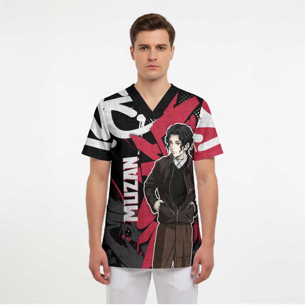 Muzan Demon Slayer Scrub Top Red Graffiti Anime Aesthetic