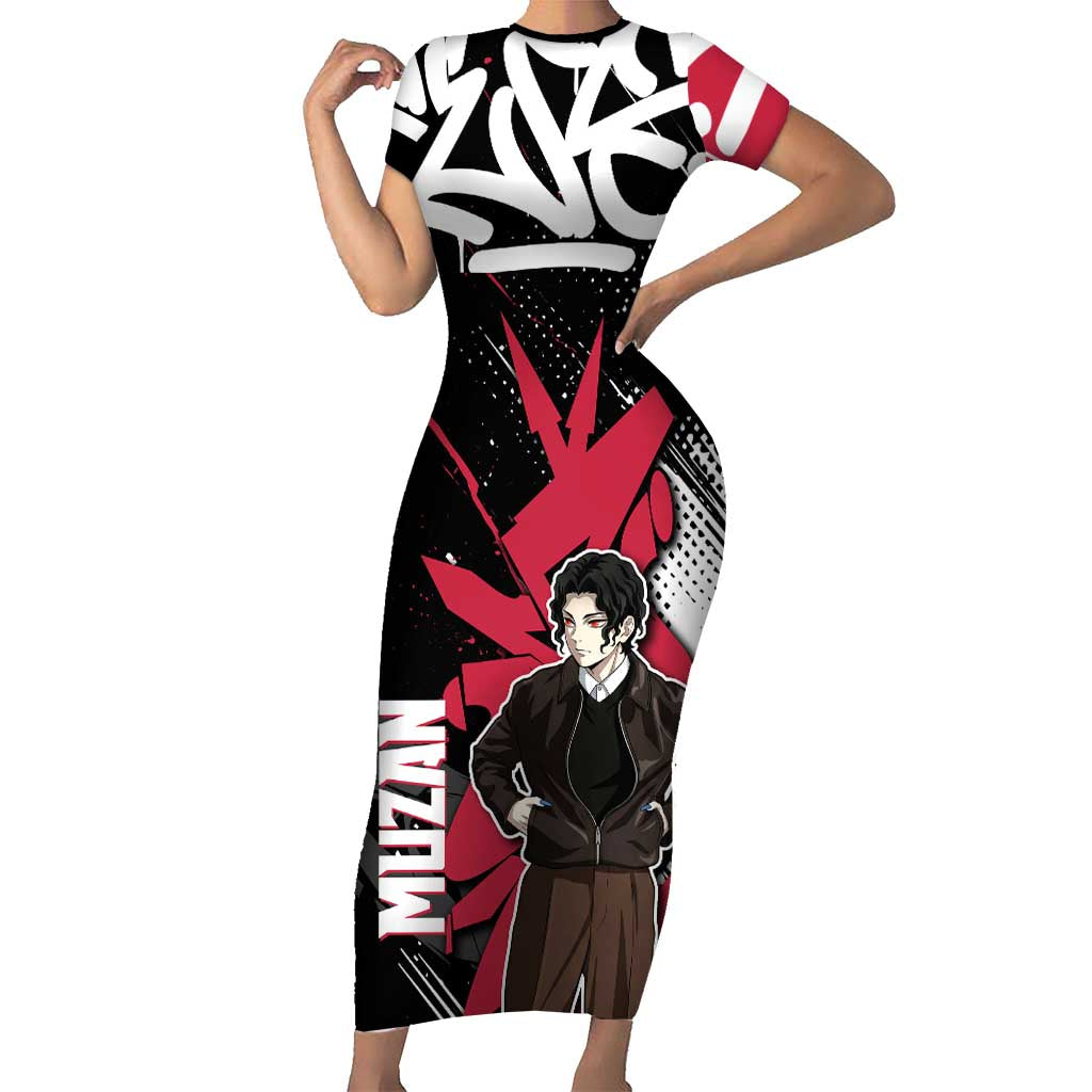 Muzan Demon Slayer Short Sleeve Bodycon Dress Red Graffiti Anime Aesthetic