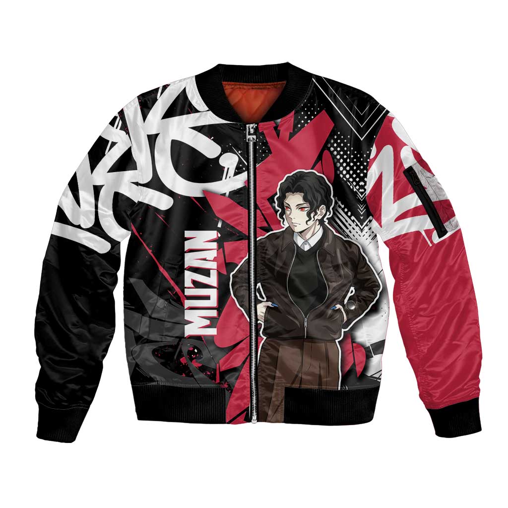 Muzan Demon Slayer Sleeve Zip Bomber Jacket Red Graffiti Anime Aesthetic