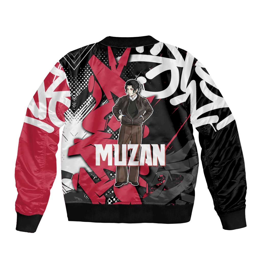 Muzan Demon Slayer Sleeve Zip Bomber Jacket Red Graffiti Anime Aesthetic