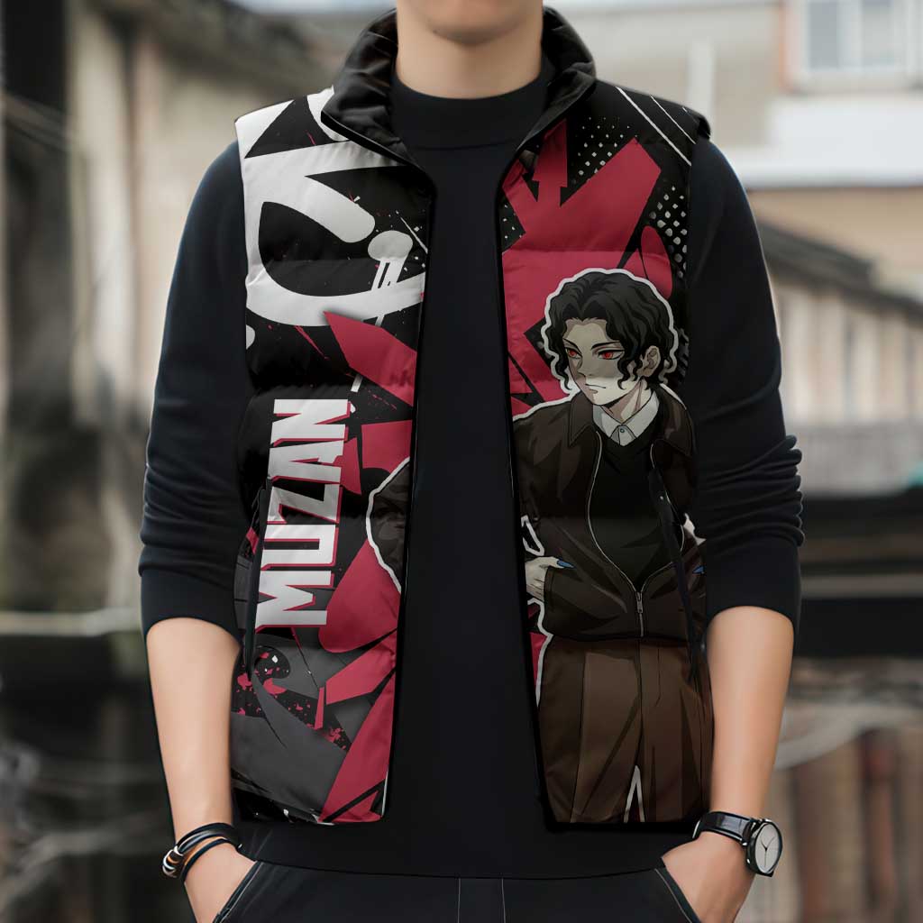 Muzan Demon Slayer Sleeveless Puffer Jacket Red Graffiti Anime Aesthetic