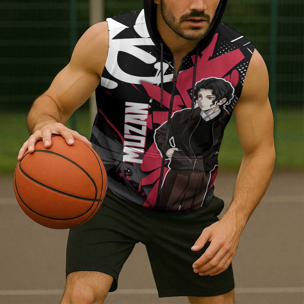 Muzan Demon Slayer Sleeveless Zip Hoodie Red Graffiti Anime Aesthetic
